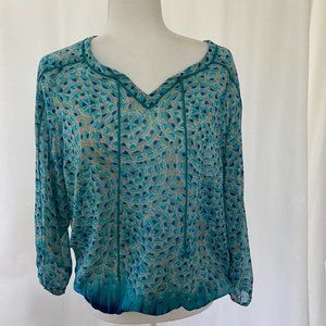 Lucky Brand Sheer Turquoise Peasant Blouse Long Sleeve Top